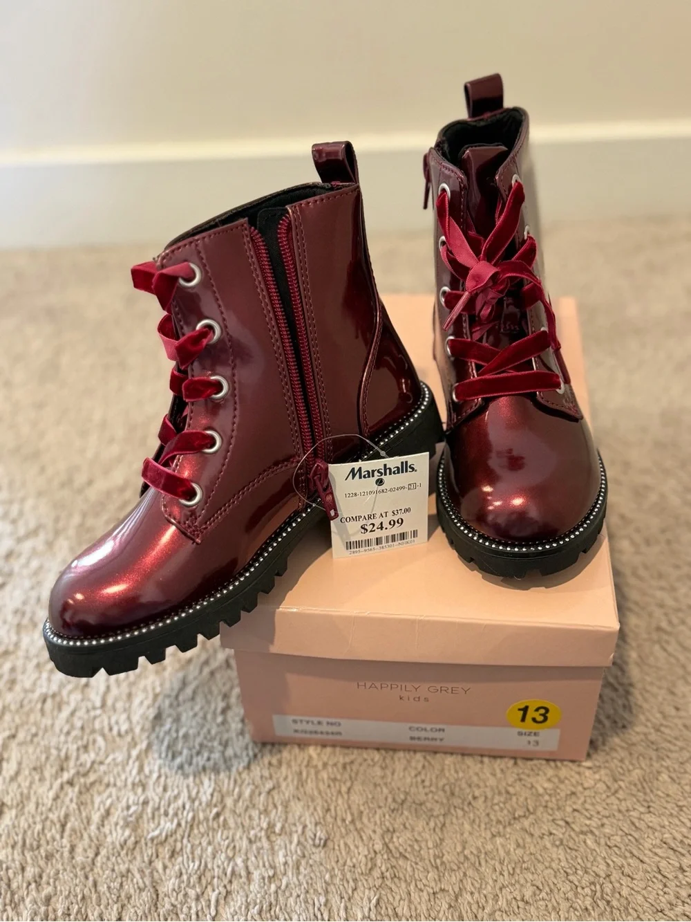 Girls Glossy Burgundy Lace-Up Combat Boots with Velvet Laces